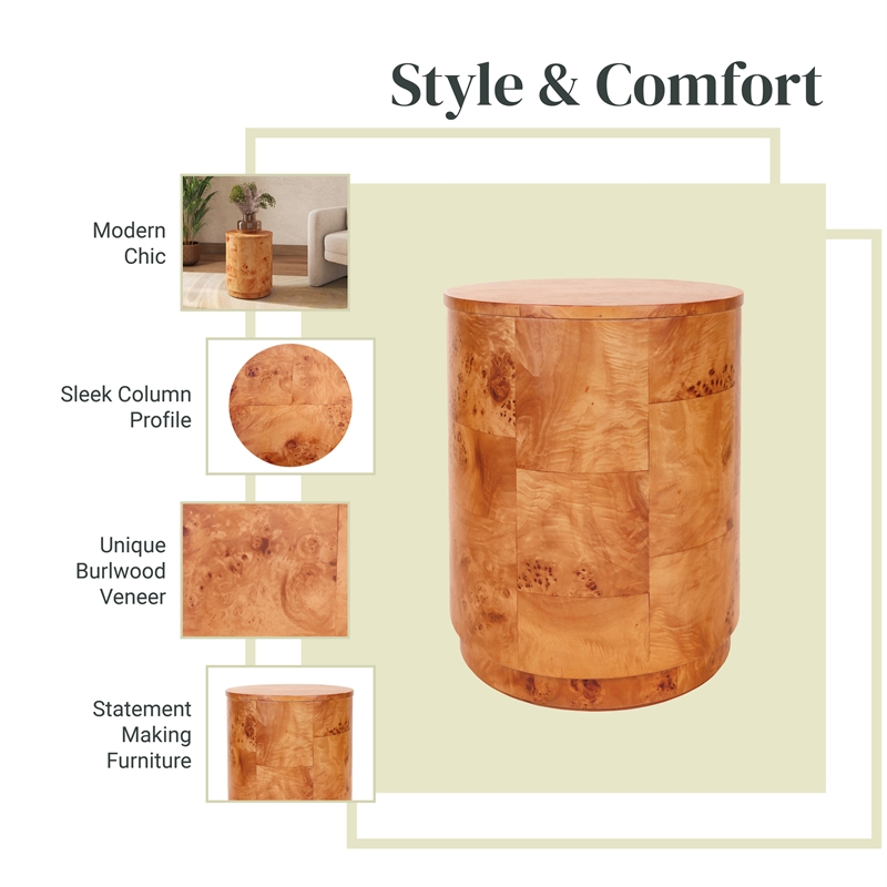 NPD Furniture Arsenio Burl Wood Round Side/End Table in Golden Brown Burl