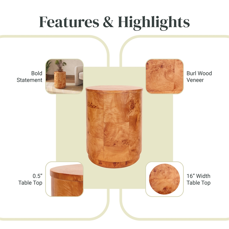 NPD Furniture Arsenio Burl Wood Round Side/End Table in Golden Brown Burl