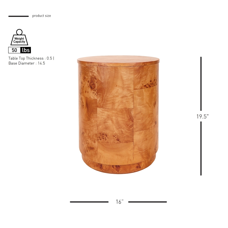 NPD Furniture Arsenio Burl Wood Round Side/End Table in Golden Brown Burl