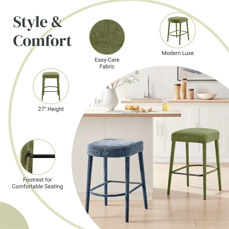 NPD Furniture Rylee KD Chenille Backless Counter Stool in Green (Set of 2)