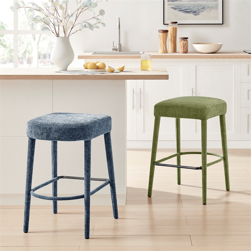 New Pacific Direct Rylee KD Chenille Backless Counter Stool in Blue (Set of 2)
