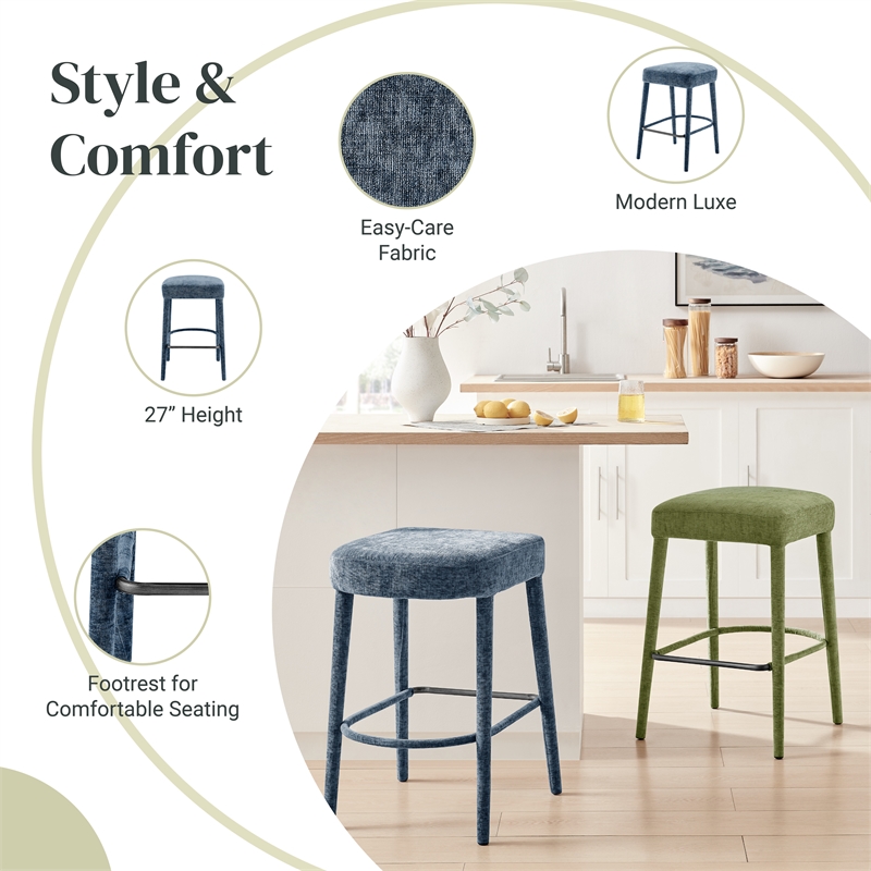 NPD Furniture Rylee KD Chenille Backless Counter Stool in Blue (Set of 2)
