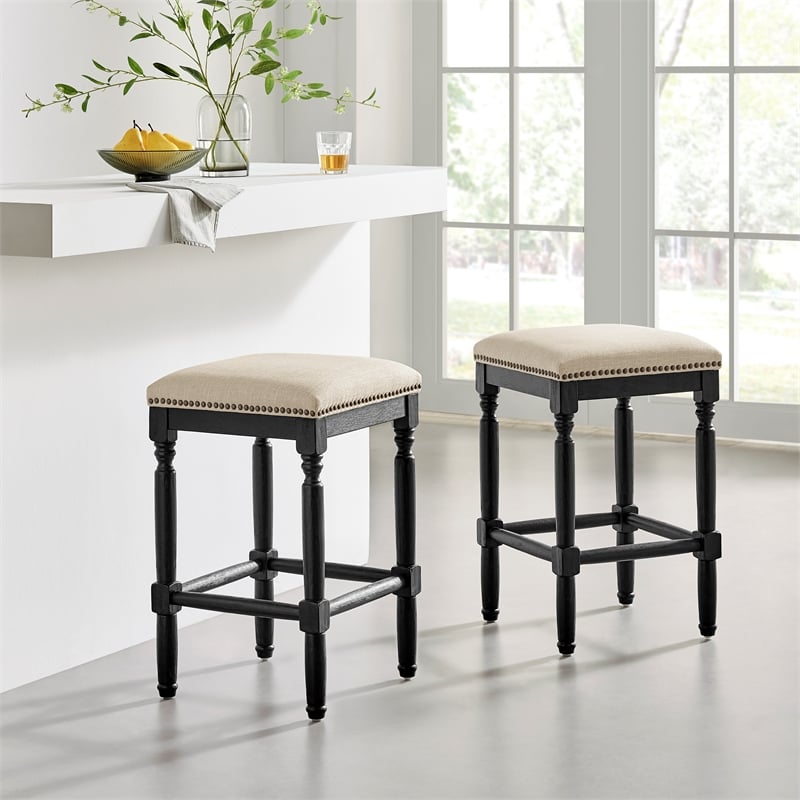 New Pacific Direct Ernie KD Linen Counter Stool Black Wood Legs (Set of 2)