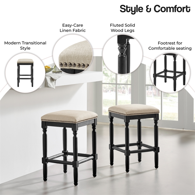 NPD Furniture Ernie KD Linen Counter Stool Black Wood Legs (Set of 2)
