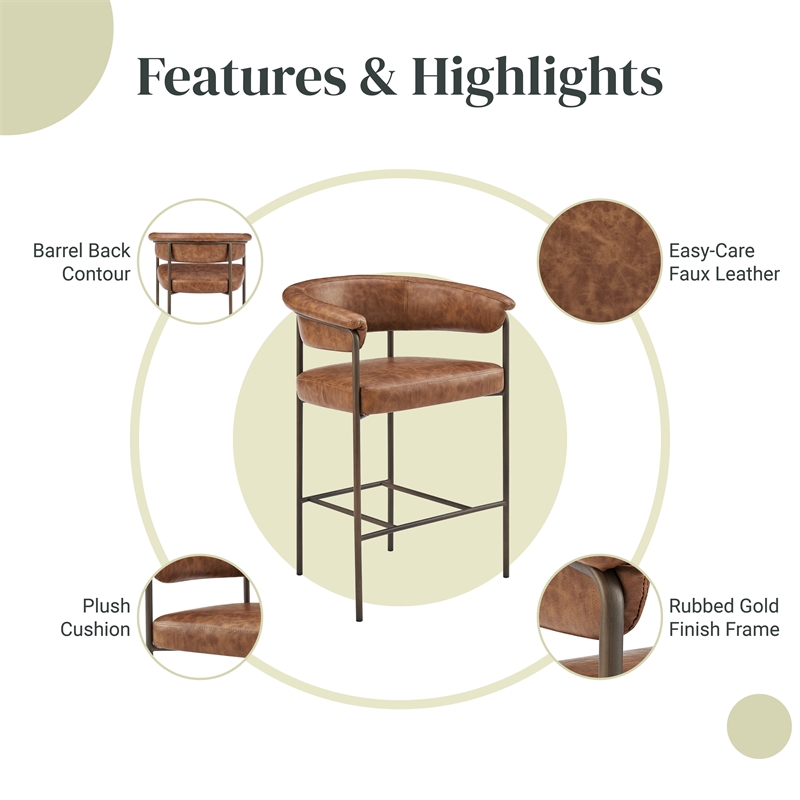 NPD Furniture Kaiden KD Faux Leather Counter Stool in Brown (Set of 2)