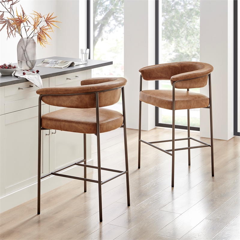NPD Furniture Kaiden KD Faux Leather Counter Stool in Brown (Set of 2)