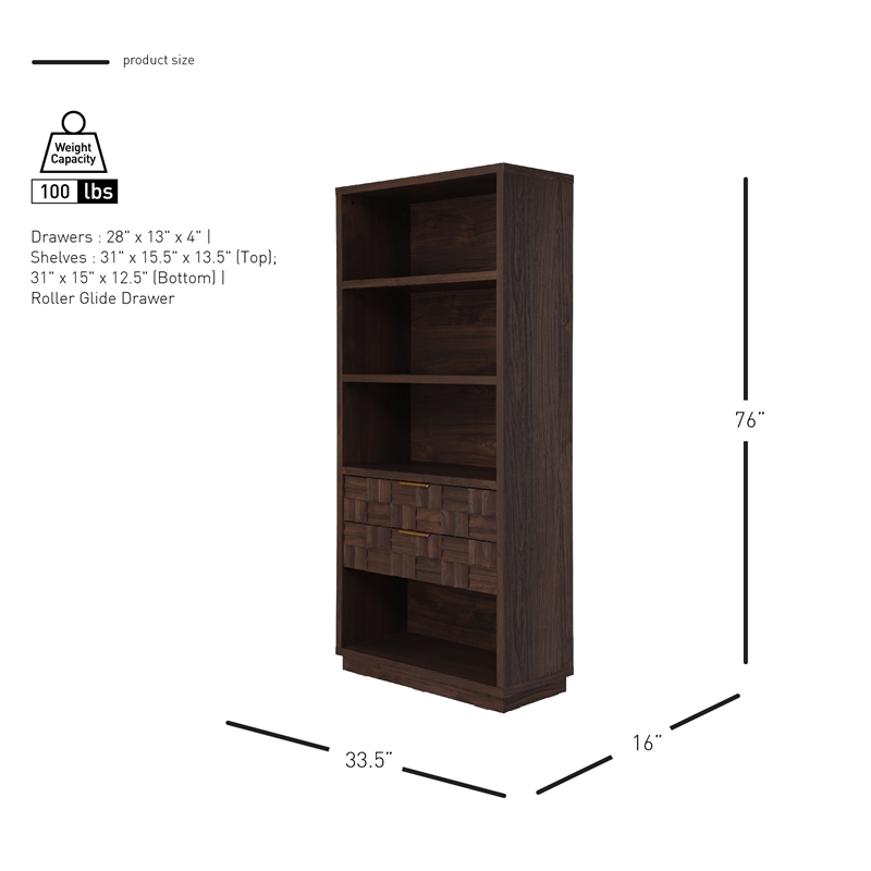NPD Furniture Dreighton KD Bookcase 2 Drawers in Coffee Brown