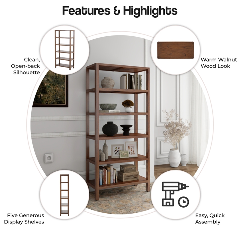 NPD Furniture Trevin KD 5-Tier Bookcase in Walnut