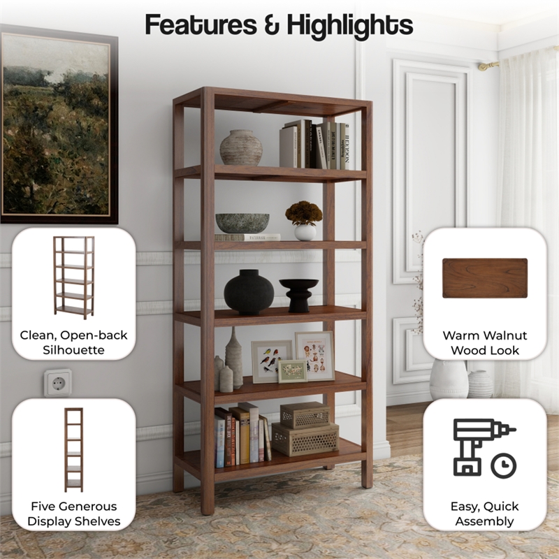 NPD Furniture Trevin KD 5-Tier Bookcase in Walnut