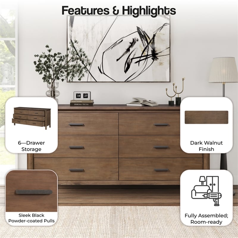 NPD Furniture Bloomfield Dresser 6 Drawers in Dark Walnut