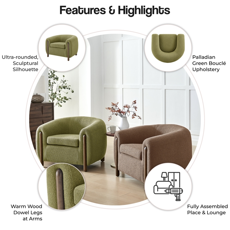 New Pacific Direct Cordelia Boucle Accent Arm Chair in Palladian Green
