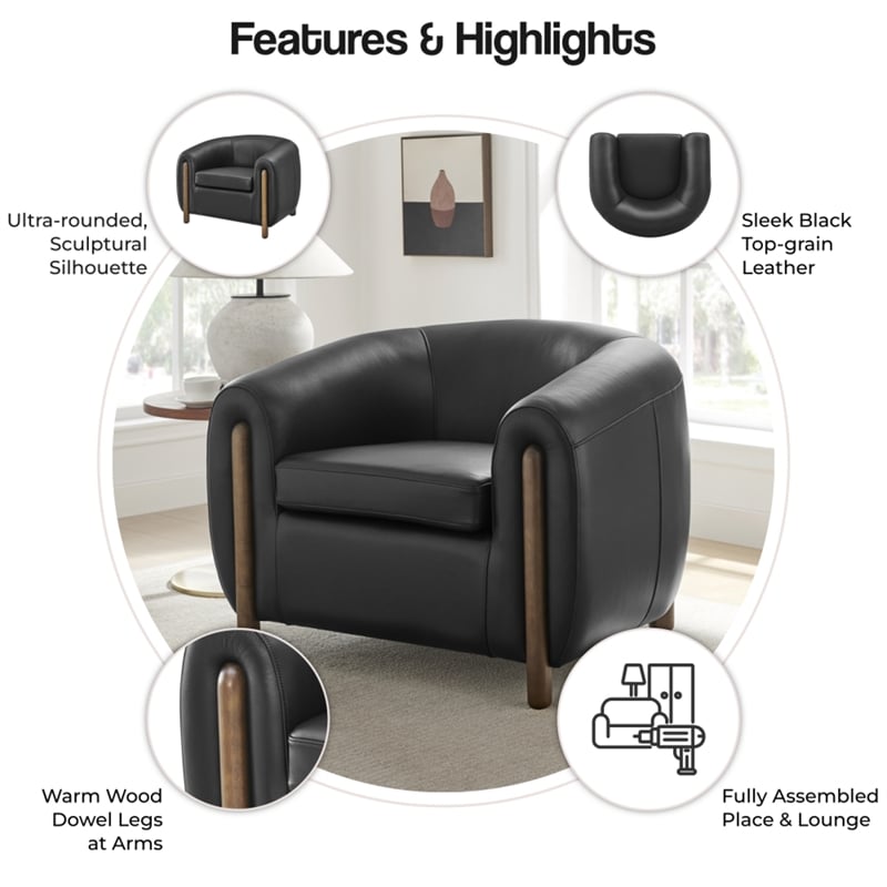 New Pacific Direct Cordelia Top Grain Leather Accent Arm Chair in Stolm Black