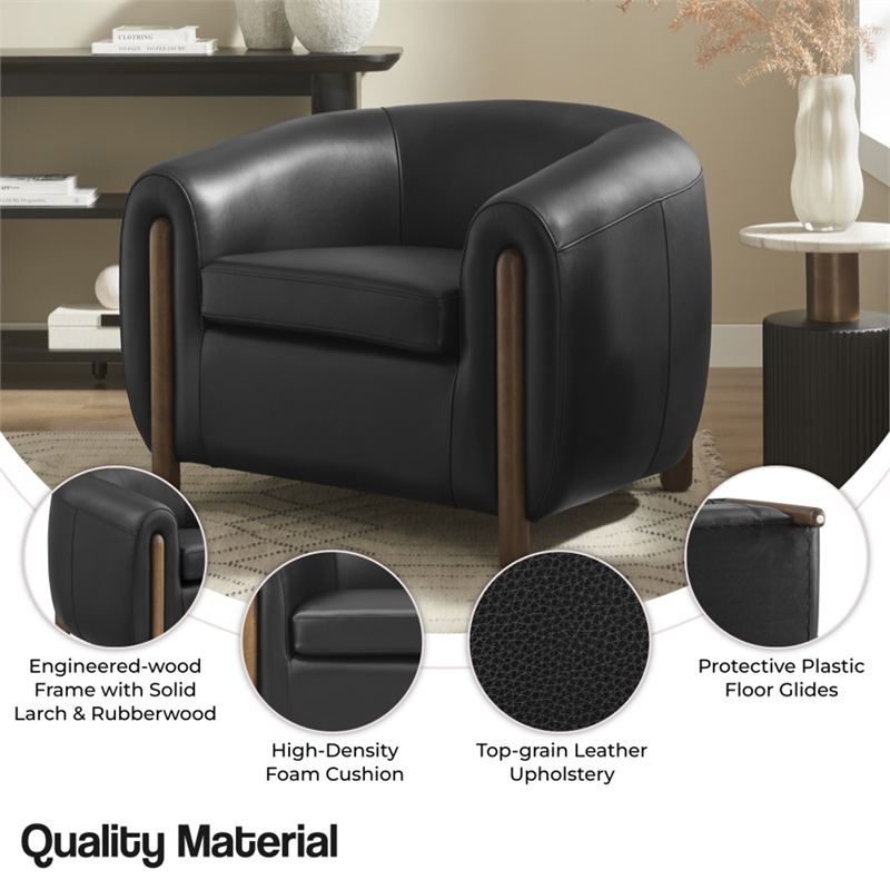 New Pacific Direct Cordelia Top Grain Leather Accent Arm Chair in Stolm Black