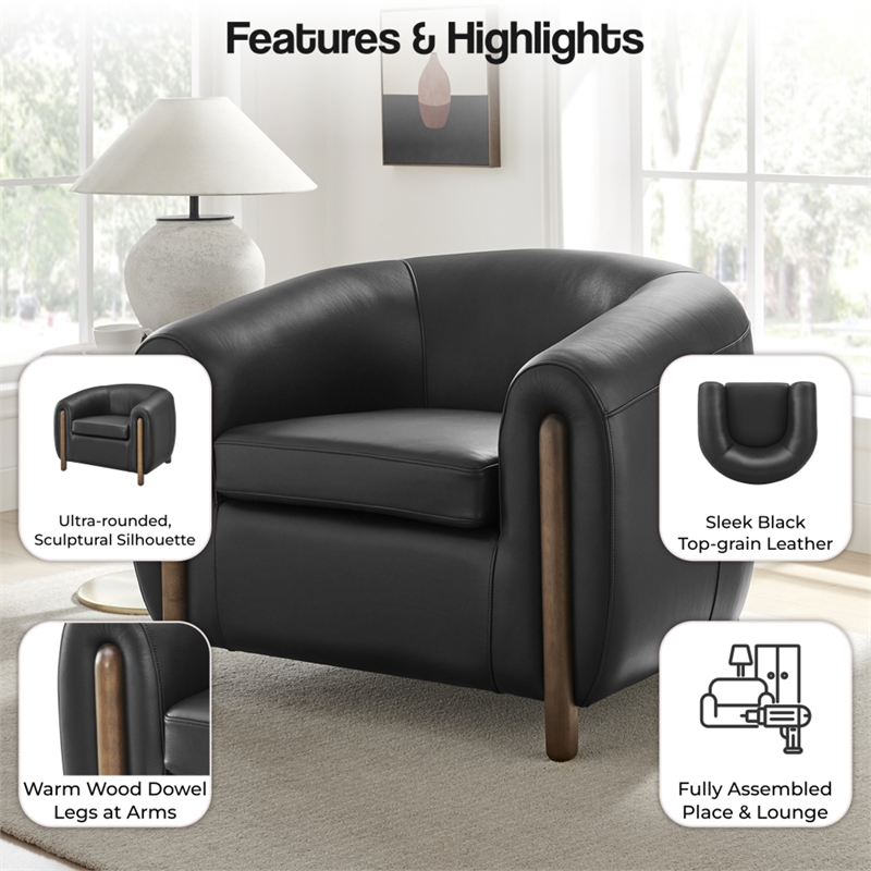 New Pacific Direct Cordelia Top Grain Leather Accent Arm Chair in Stolm Black