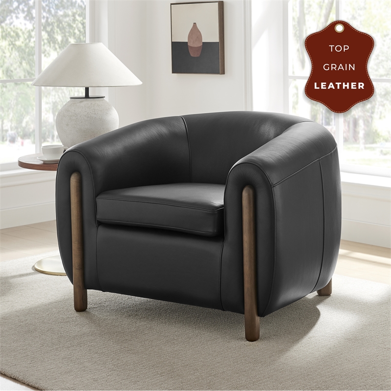 New Pacific Direct Cordelia Top Grain Leather Accent Arm Chair in Stolm Black