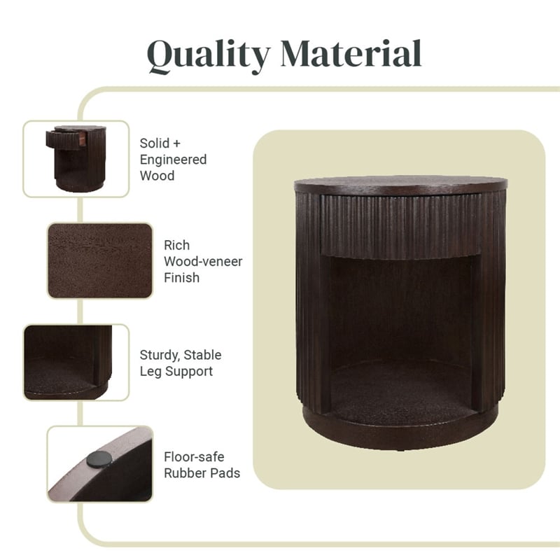 NPD Furniture Truro Round Nightstand/Side Table in Dark Brown