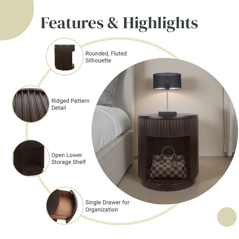 NPD Furniture Truro Round Nightstand/Side Table in Dark Brown