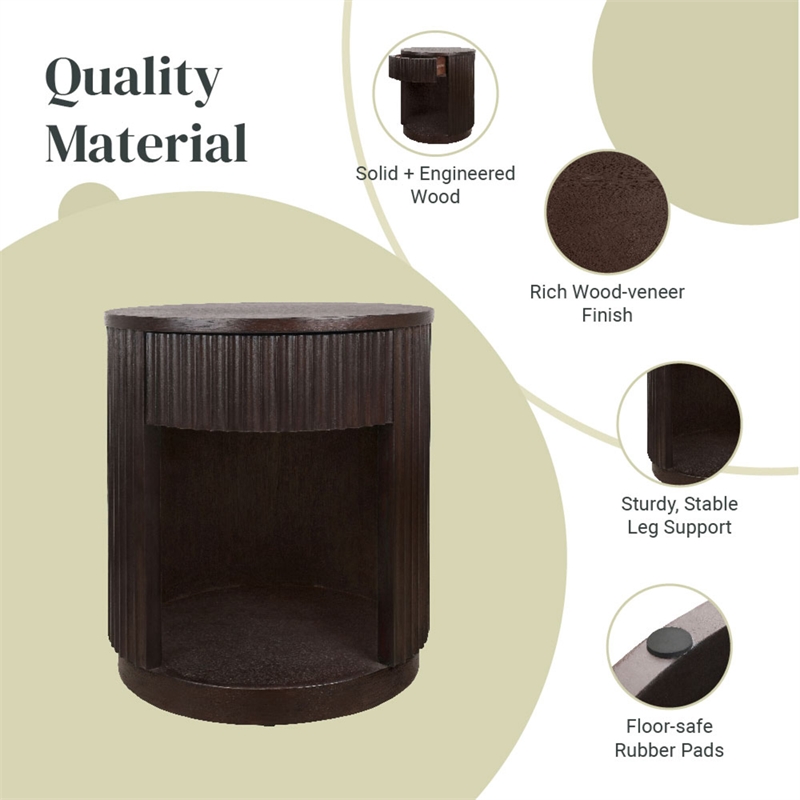 NPD Furniture Truro Round Nightstand/Side Table in Dark Brown