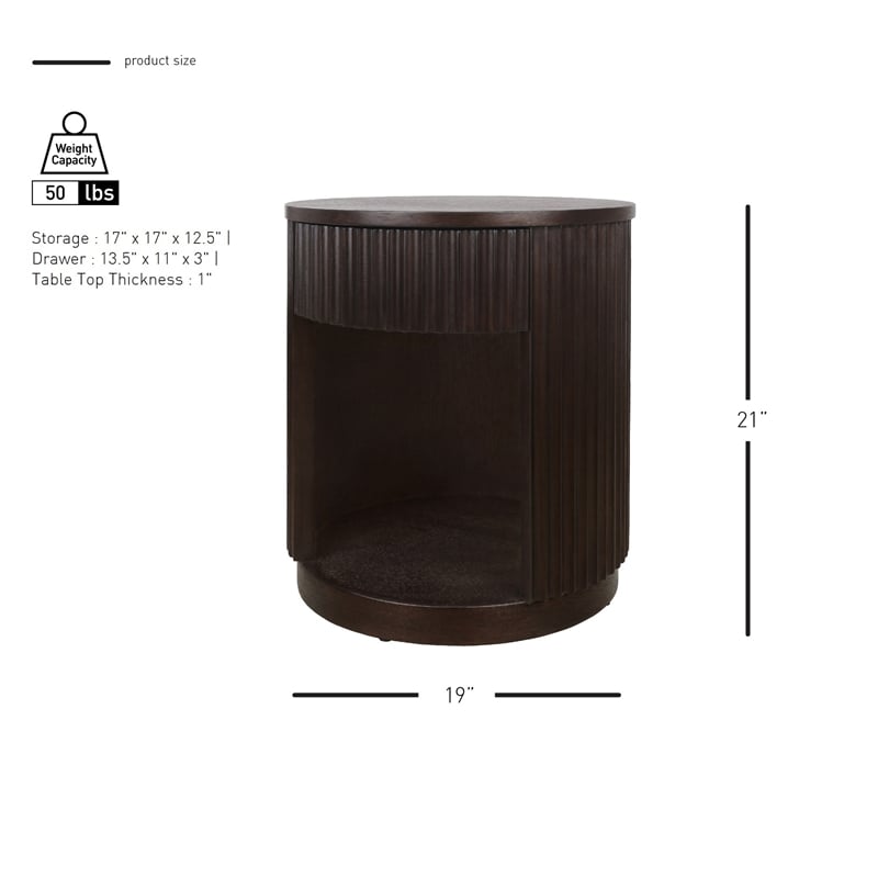 NPD Furniture Truro Round Nightstand/Side Table in Dark Brown