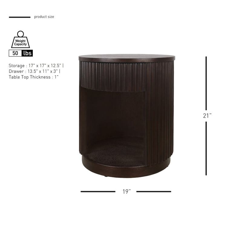 NPD Furniture Truro Round Nightstand/Side Table in Dark Brown