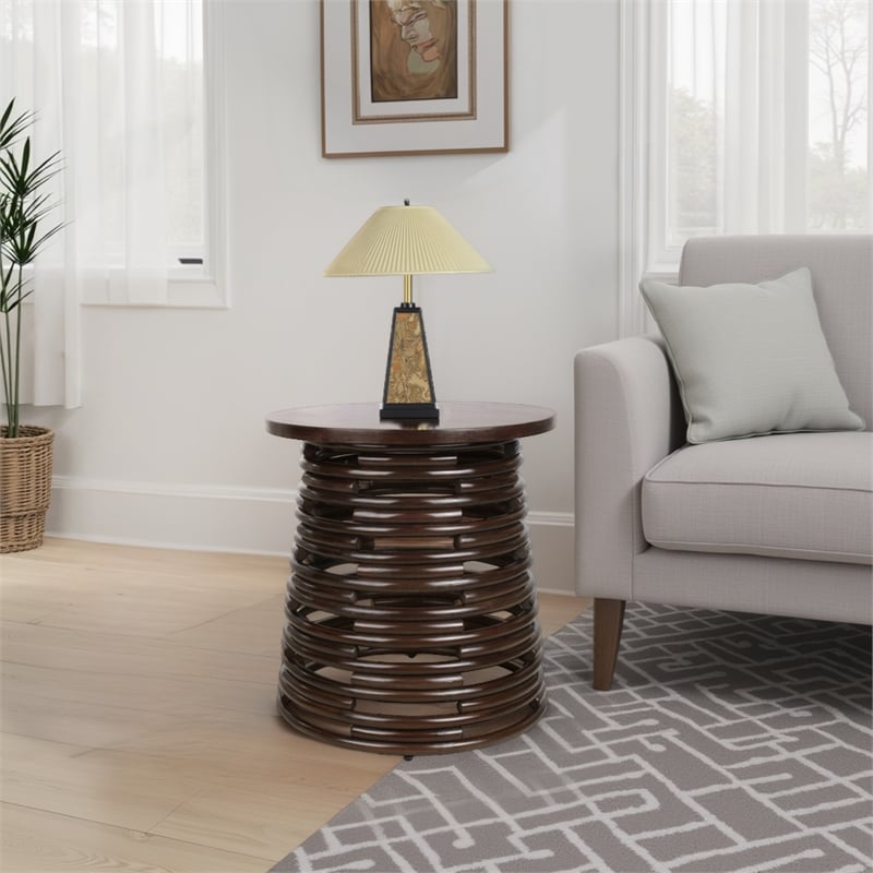 NPD Furniture Zeke Rattan Side/End Table w/ Wood Top in Espresso Brown