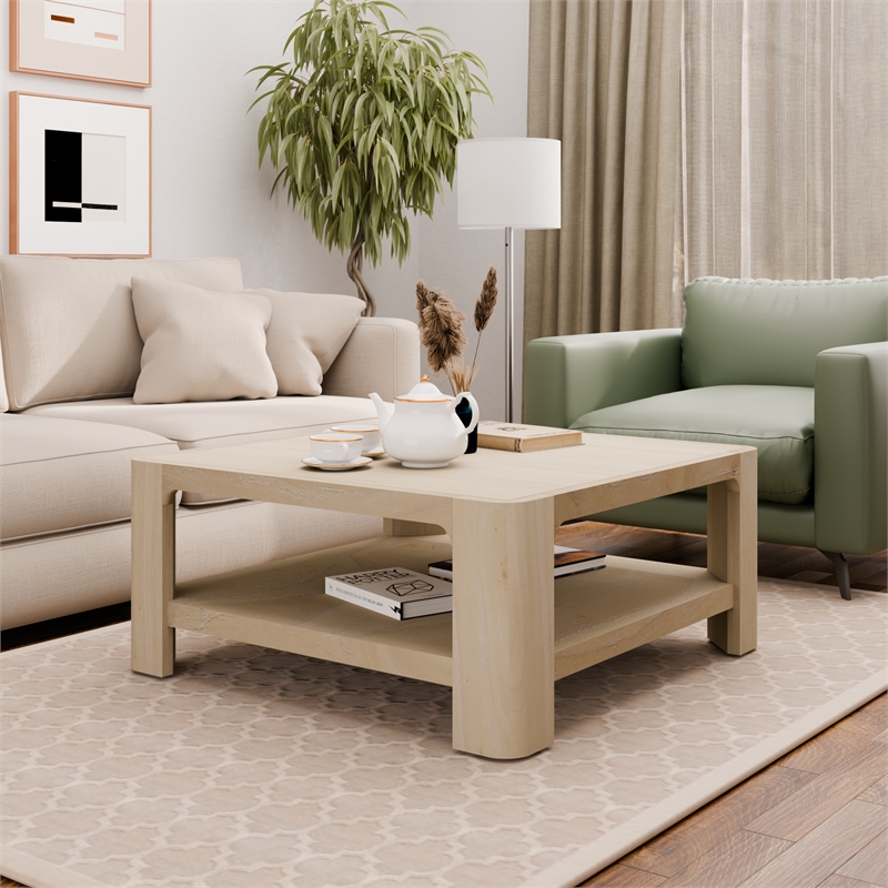 NPD Furniture Trevin KD Square Coffee Table with Open Shelf in Beige