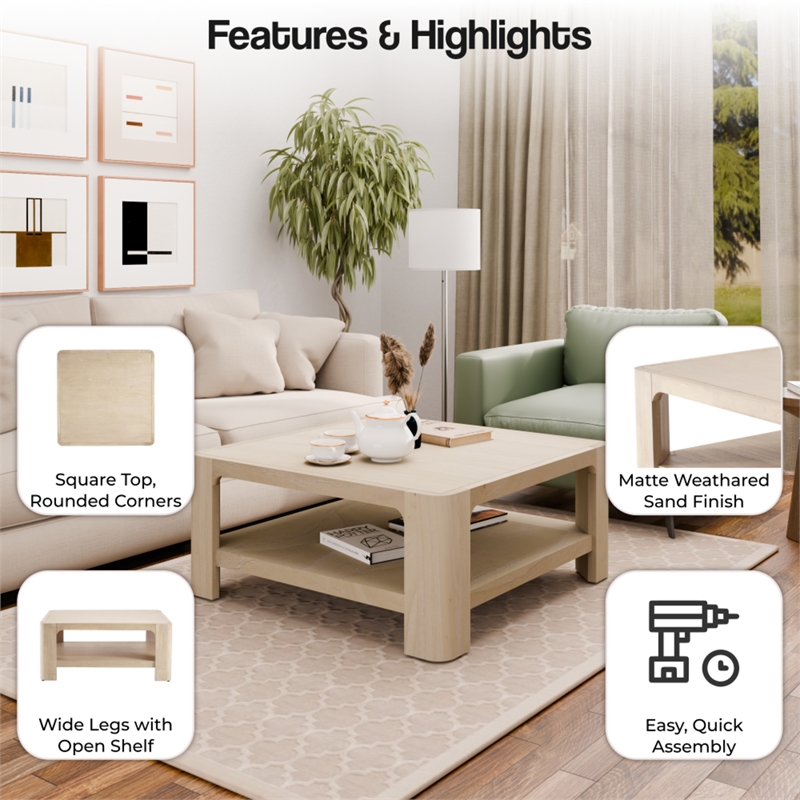 NPD Furniture Trevin KD Square Coffee Table with Open Shelf in Beige