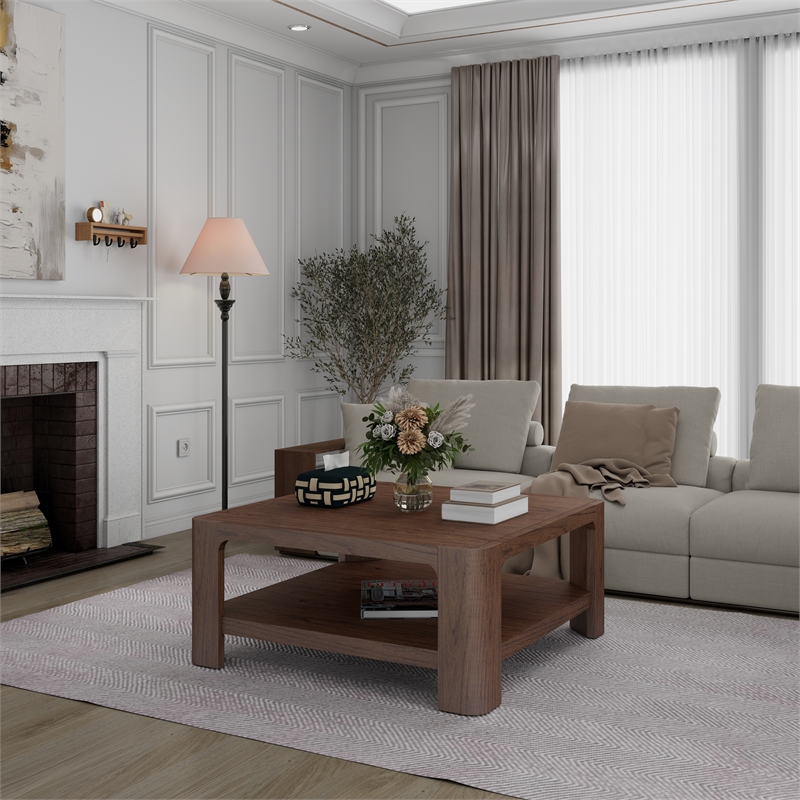 New Pacific Direct Trevin KD Square Coffee Table with Open Shelf in Walnut