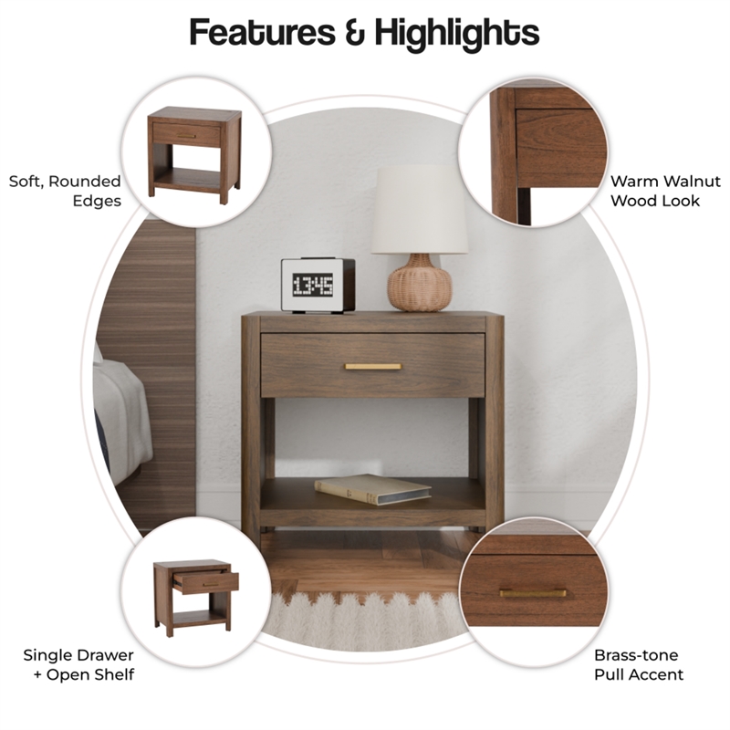 NPD Furniture Trevin Nightstand/Side Table 1 Drawer in Walnut