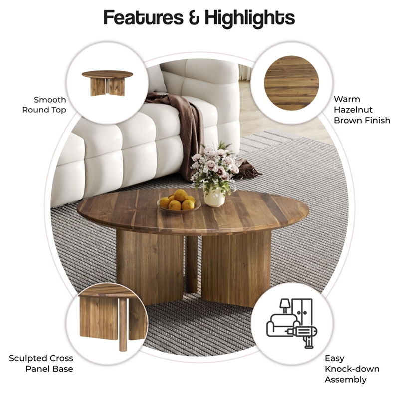 NPD Furniture Petrilio KD Round Coffee Table in Hazelnut Brown