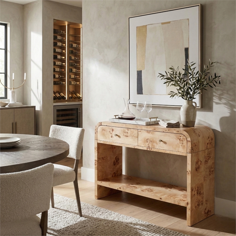 NPD Furniture Veyra Burl 2in Wood Drawer Console Table in Natural Burl