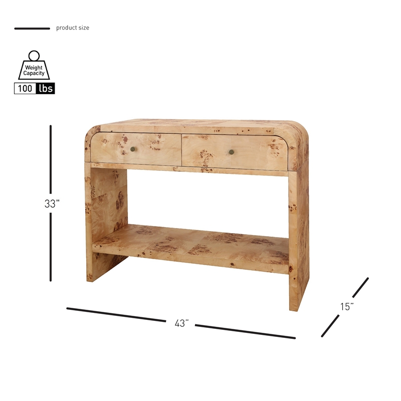 NPD Furniture Veyra Burl 2in Wood Drawer Console Table in Natural Burl