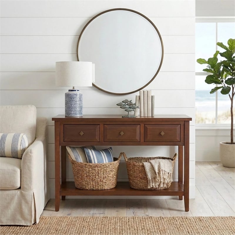 NPD Furniture Wexford 3in Wood Drawer Console Table in Walnut