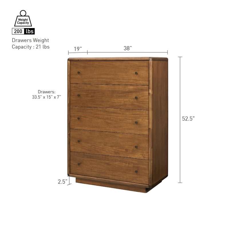 Rosette 5-Drawer Dresser - Hazelnut Brown - Acacia - Bedroom Furniture