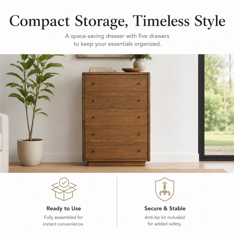 Rosette 5-Drawer Dresser - Hazelnut Brown - Acacia - Bedroom Furniture