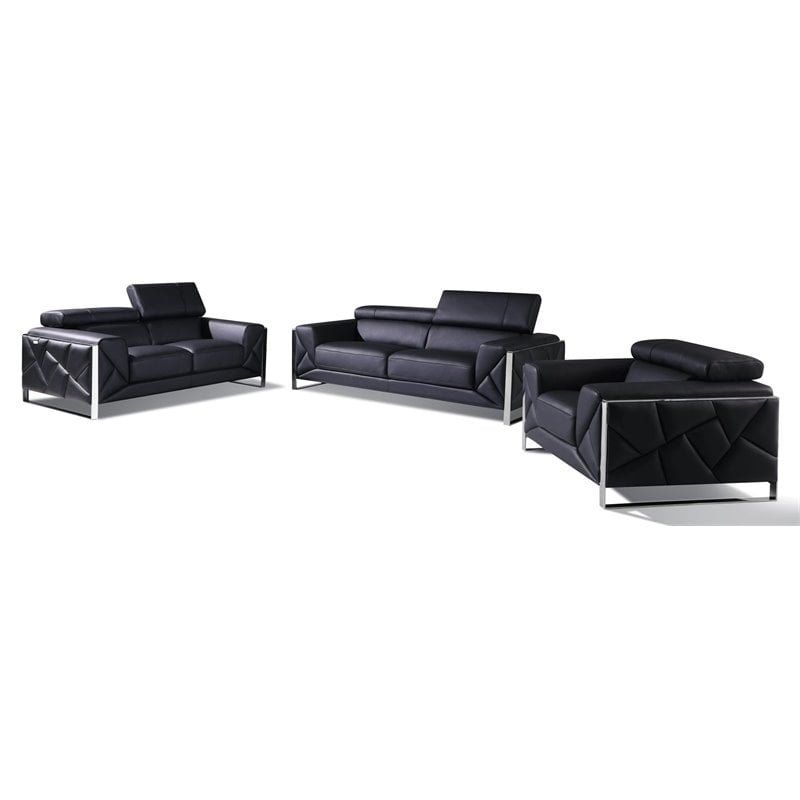 Titan Furnishings Modern Genuine Italian Leather Upholstered Sofa Set in Black