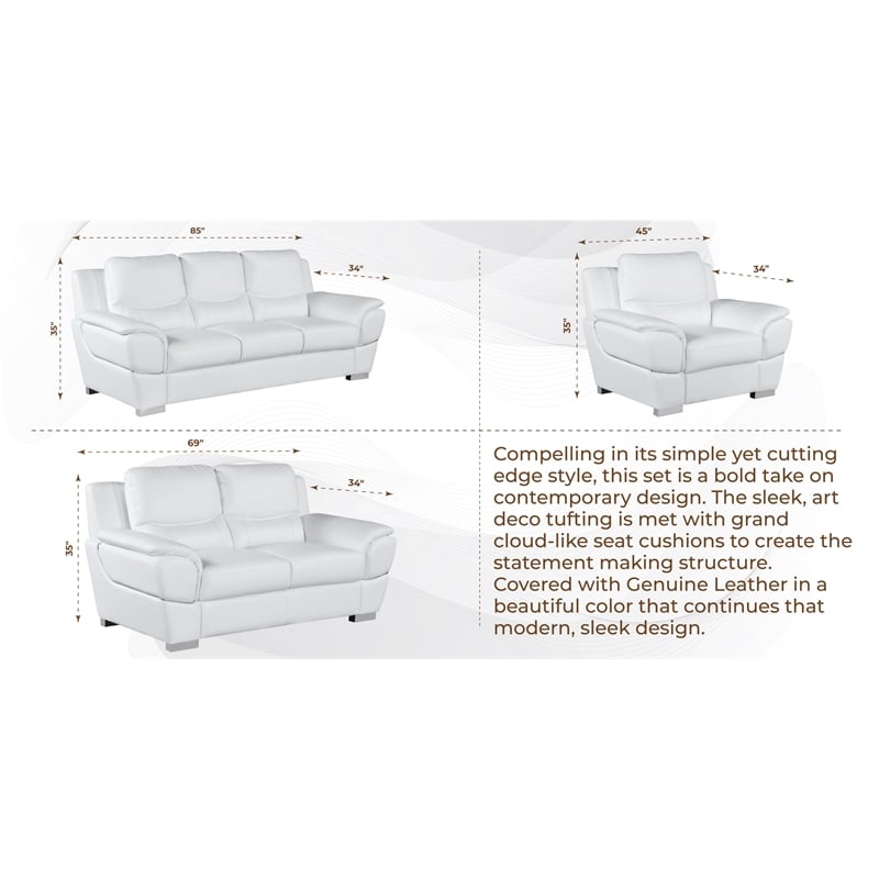Titan Furnishings Modern Leather Upholstered Sofa Set in White
