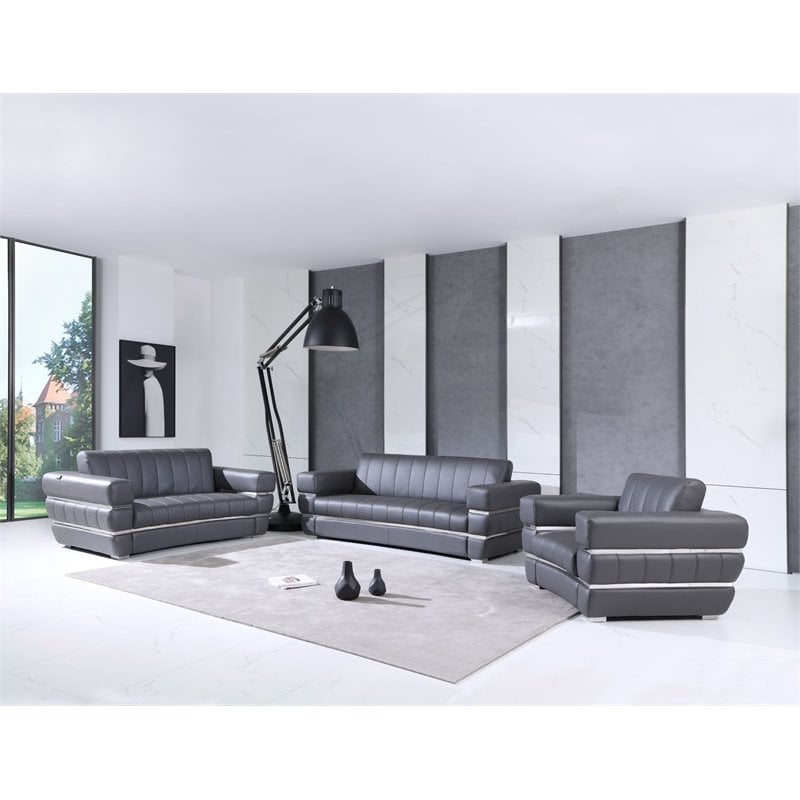 Titan Furnishings Modern Italian Leather Upholstered Sofa Set in Dark Gray