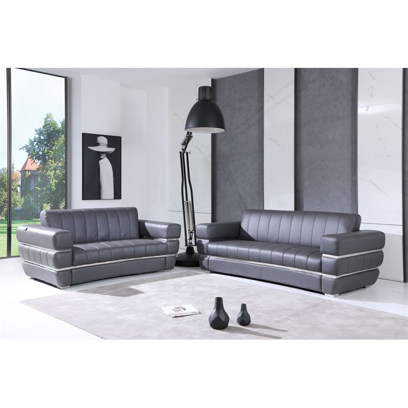 Titan Furnishings Modern Italian Leather Sofa and Loveseat Set in Dark Gray