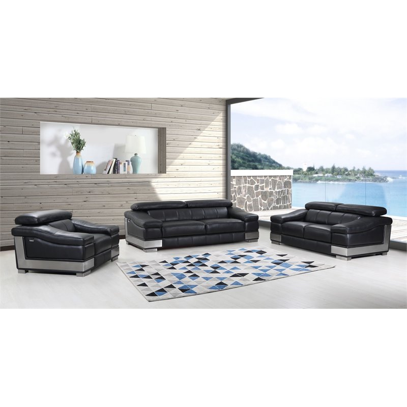 Titan Furnishings Genuine Italian Leather Upholstered Sofa Set in Black