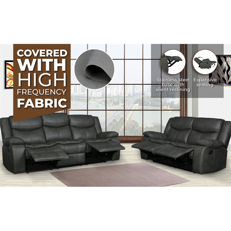 Titan Furnishings Transitional Faux Leather Reclining Sofa and Loveseat in Gray