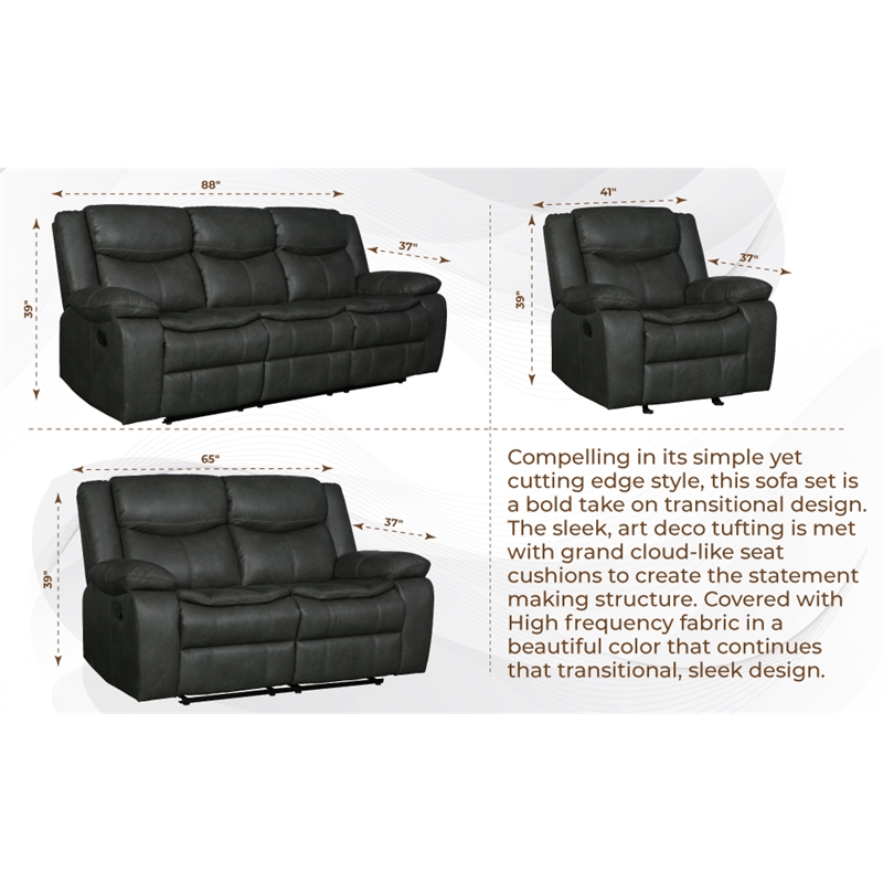Titan Furnishings Transitional Faux Leather Reclining Sofa and Loveseat in Gray