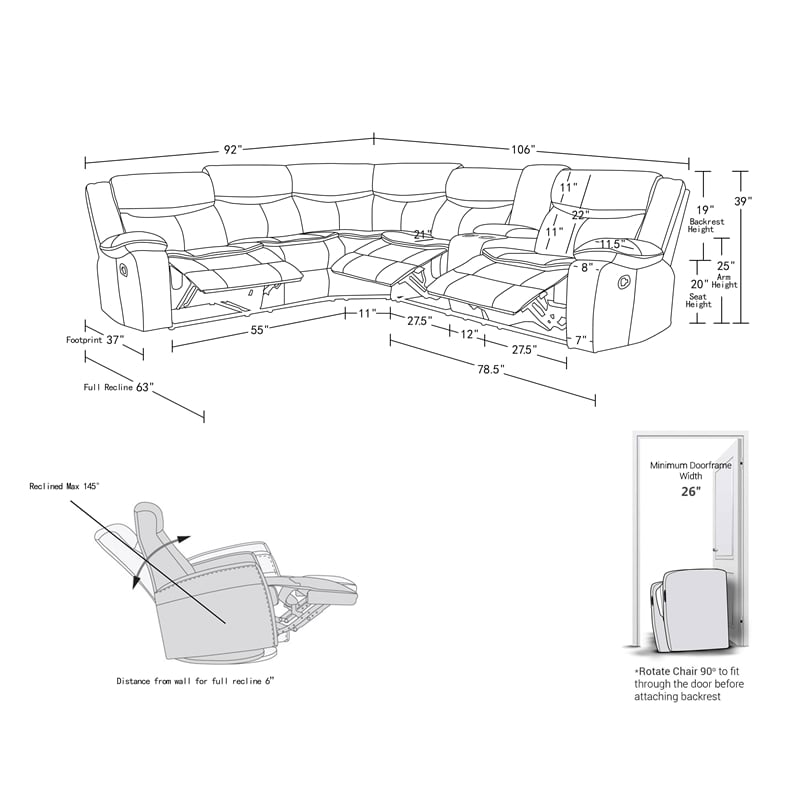 Titan Furnishings Transitional Faux Leather Reclining Sectional in Gray