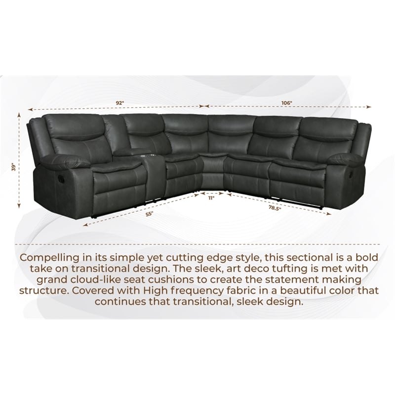 Titan Furnishings Transitional Faux Leather Reclining Sectional in Gray