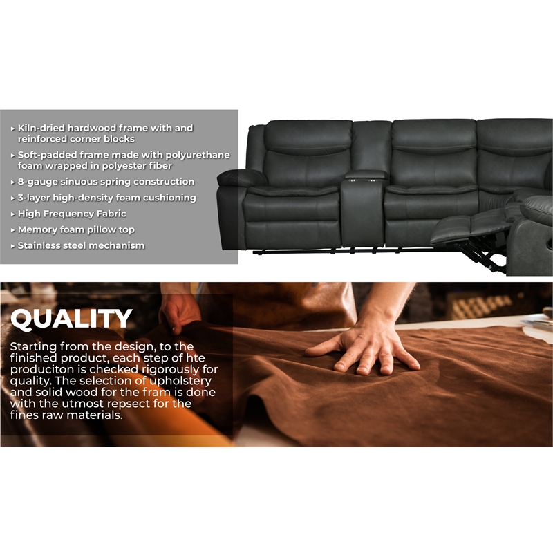 Titan Furnishings Transitional Faux Leather Reclining Sectional in Gray