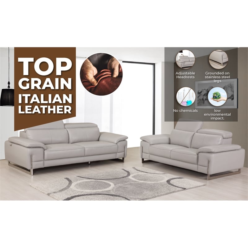Titan Furnishings Genuine Italian Leather Upholstered Sofa Set in Light Gray
