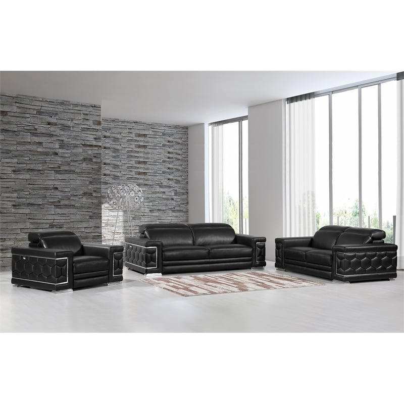 Titan Furnishings Genuine Italian Leather Upholstered Sofa Set in Black