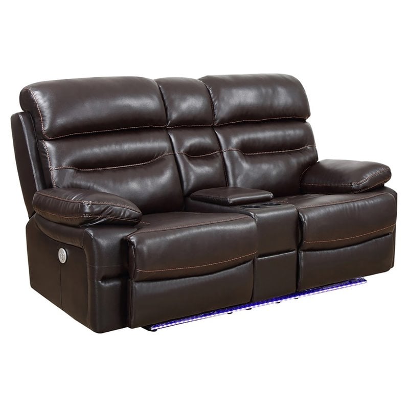 Titan Furnishings Modern Faux Leather Power Reclining Console Loveseat in Brown