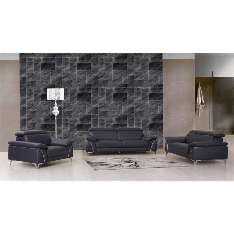 Titan Furnishings Modern Genuine Italian Leather Upholstered Sofa Set in Navy
