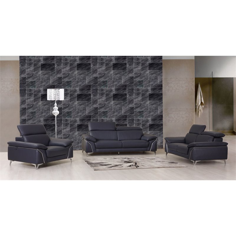 Titan Furnishings Modern Genuine Italian Leather Upholstered Sofa Set in Navy